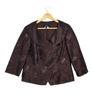 Y2K Nueva Beaded Sequin Evening Jacket 12 Chocolate Brown Embroidered Formal